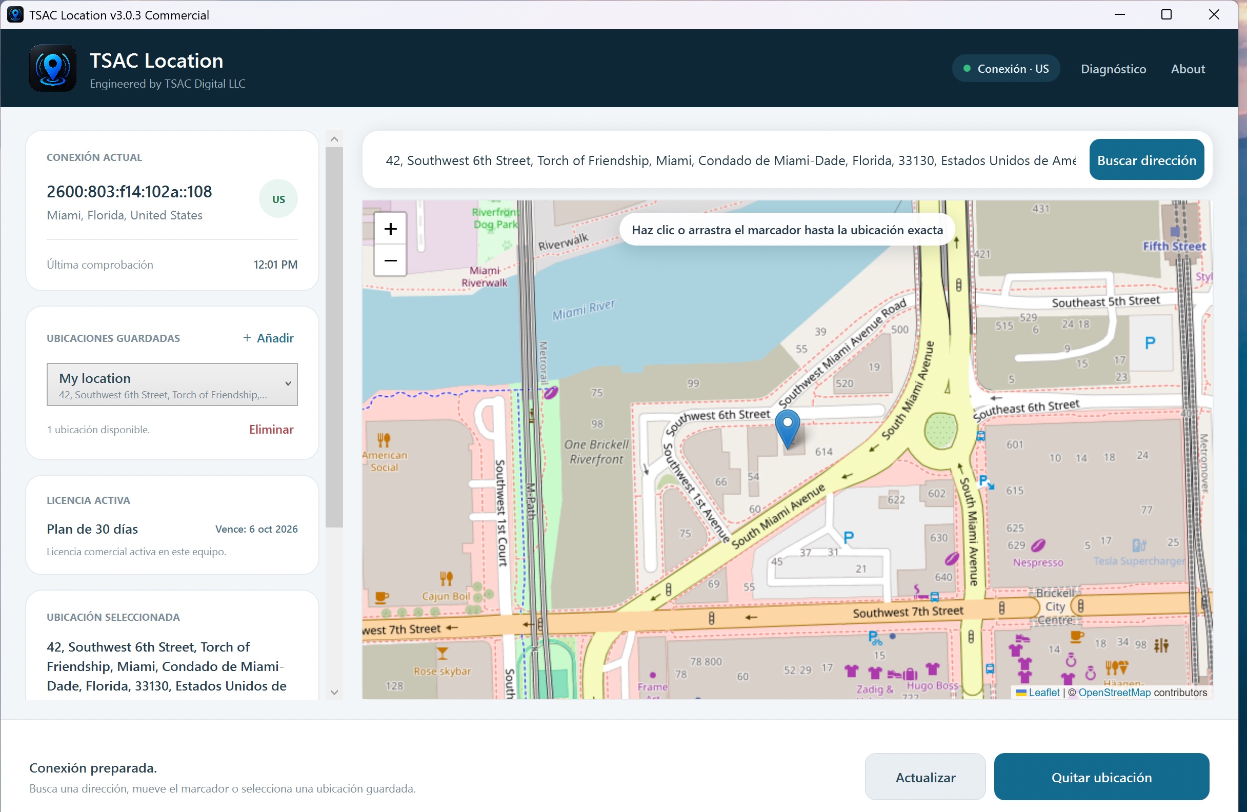 TSAC Location application for Windows showing its location map